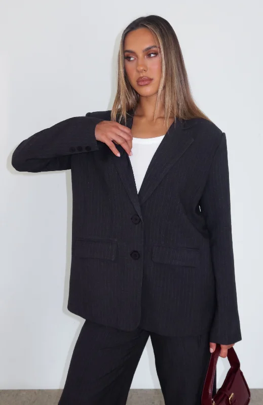 Women's Satin Blazers-Business Casual Blazer Charcoal Pinstripe