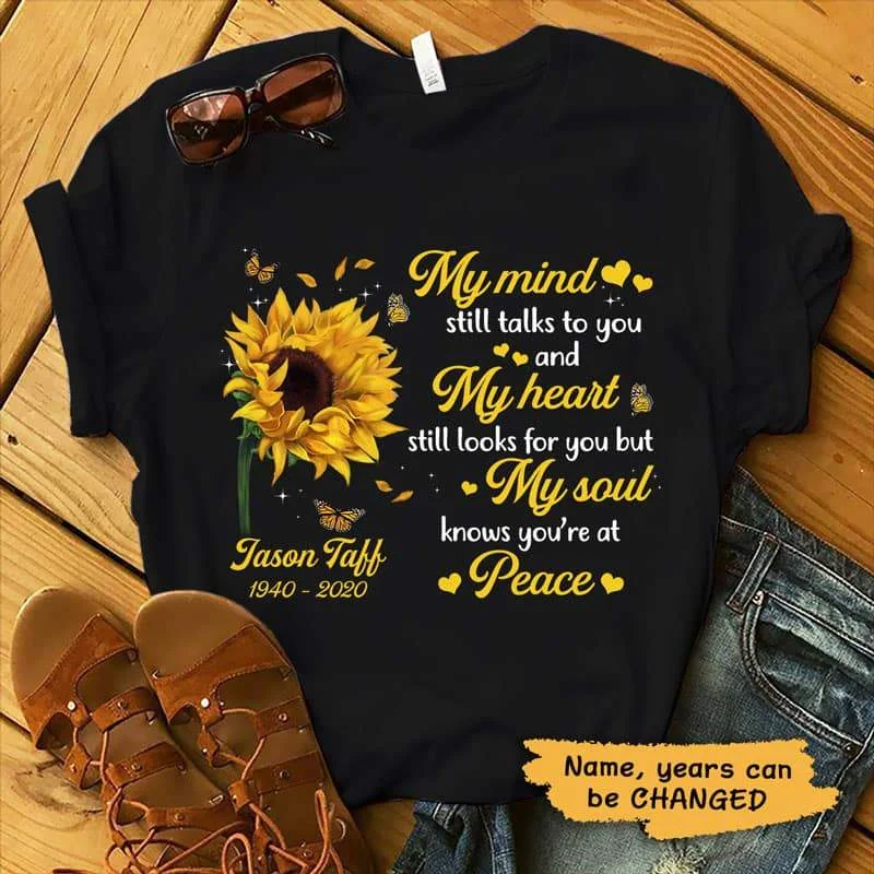 Women's Mock Neck T-Shirts-Sunflower My Mind Still Talks To You Memorial Personalized Shirt