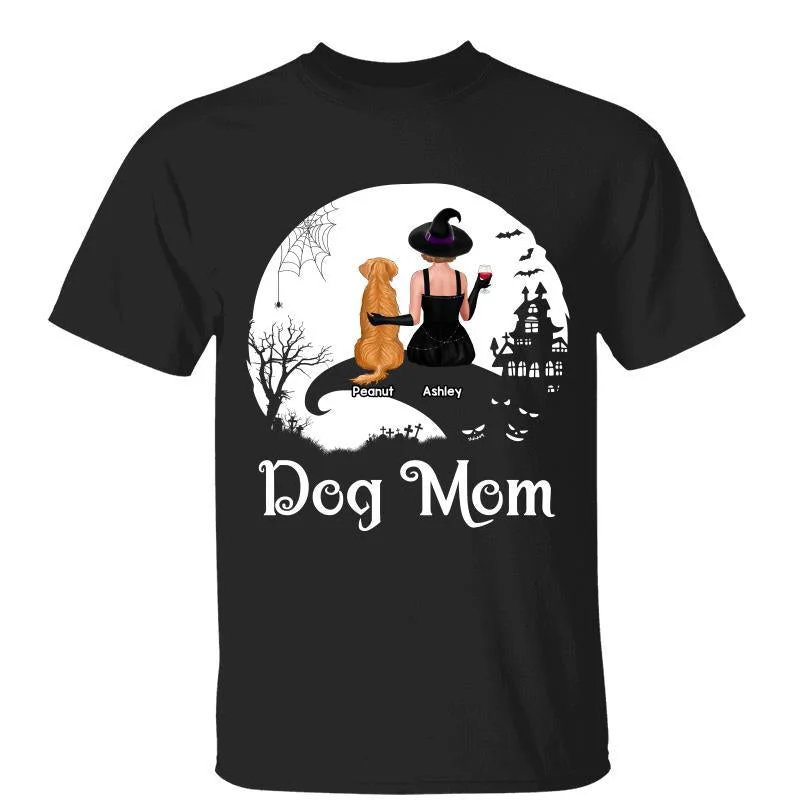 Women's Tie Dye T-Shirts-Halloween Moon And Cliff Woman And Dog Back View Crazy Dog Witch Personalized Shirt