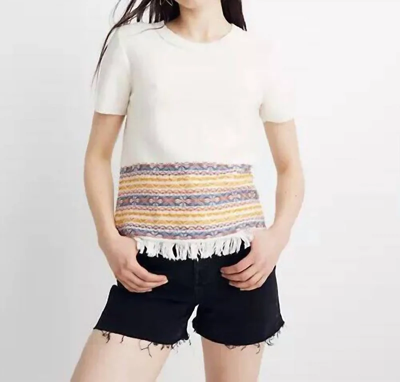 Women's Fringe Denim Pullovers-Fringed Short Sleeve Sweater In Beige