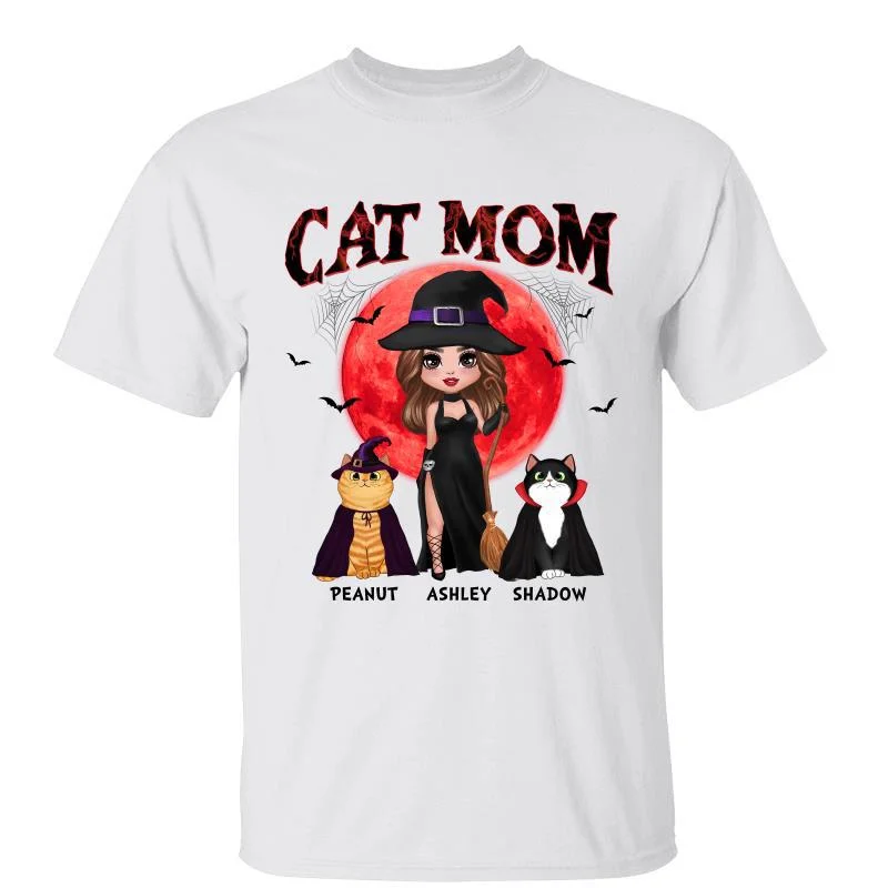 Women's Date Night T-Shirts-Halloween Crazy Cat Witch Red Moon Doll Fluffy Cat Personalized Shirt