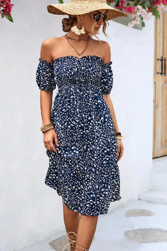 PATTERNED OFF SHOULDER PUFF SLEEVE DRESS