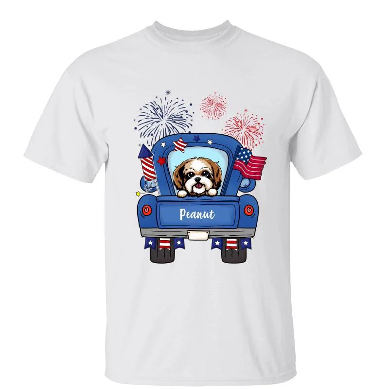 Women's Floral T-Shirts-Dogs Truck 4th Of July Independence Day Firework Personalized Shirt