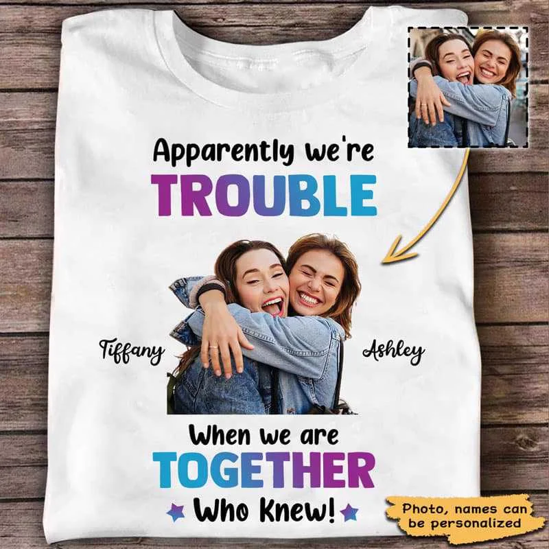 Women's Faux Leather T-Shirts-Trouble Besties Photo Personalized Shirt