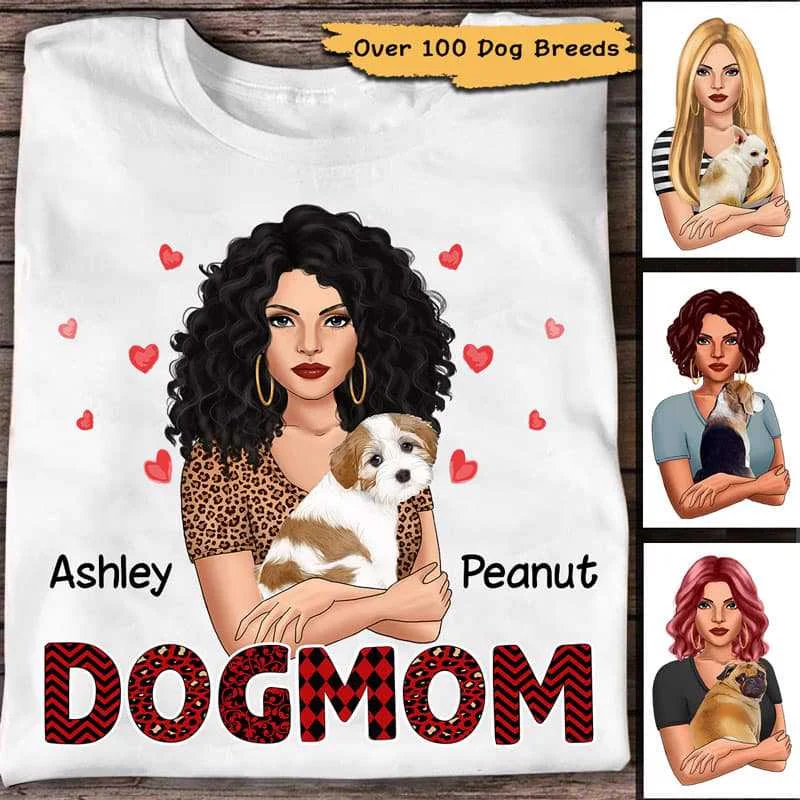 Women's Lace T-Shirts-Dog Mom Hugging Dog Red Patterned Personalized Shirt