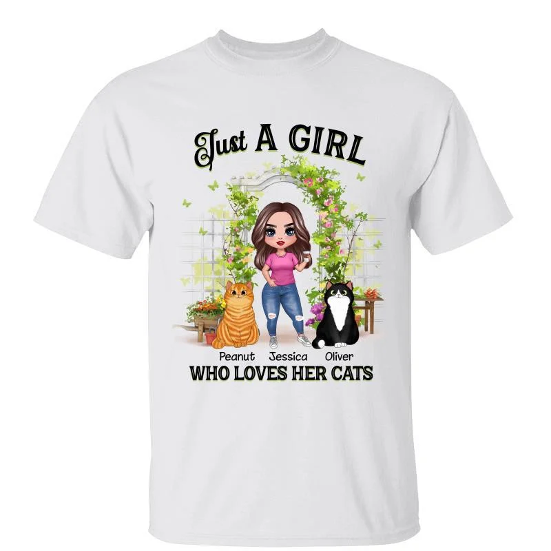 Women's Faux Leather T-Shirts-A Girl Loves Her Cats Flower Gate Personalized Shirt