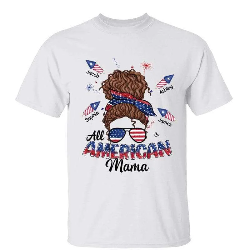 Women's Burnout T-Shirts-All American Mama Mom Messy Bun Independence Day Fourth Of July Personalized Shirt