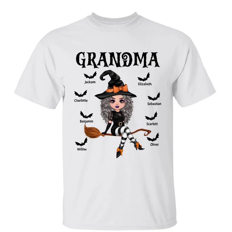 Women's Sheer T-Shirts-Doll Grandma Witch Sitting On Broom Personalized Shirt