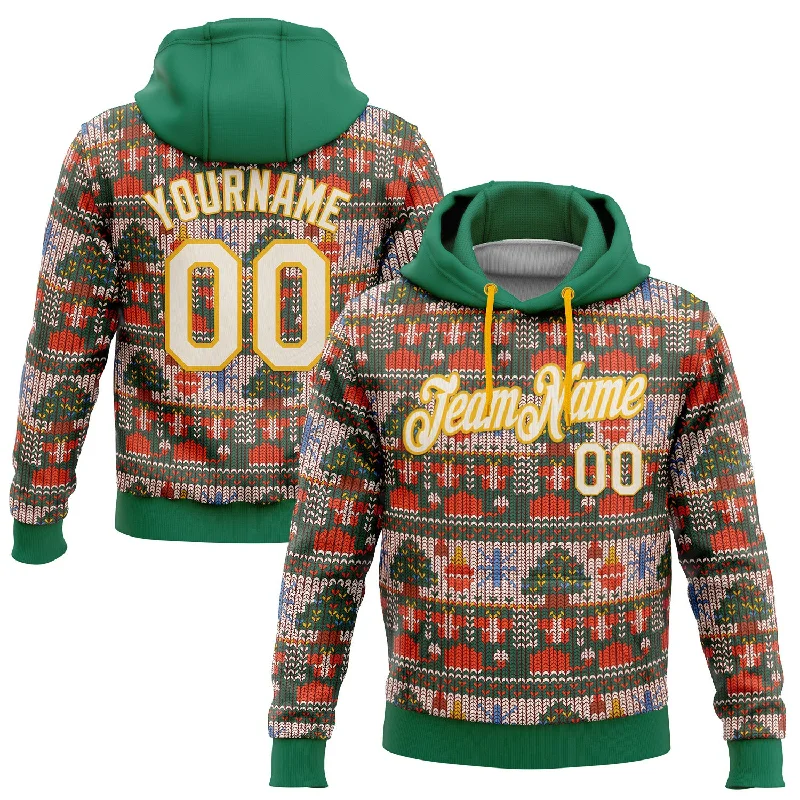 Women's Beaded Hoodies-Custom Stitched Kelly Green Cream-Gold 3D Christmas Sports Pullover Sweatshirt Hoodie