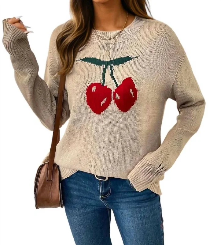 Women's Front-Open Pullovers-Cherries Crewneck Pullover Distressed Sweater In Khaki