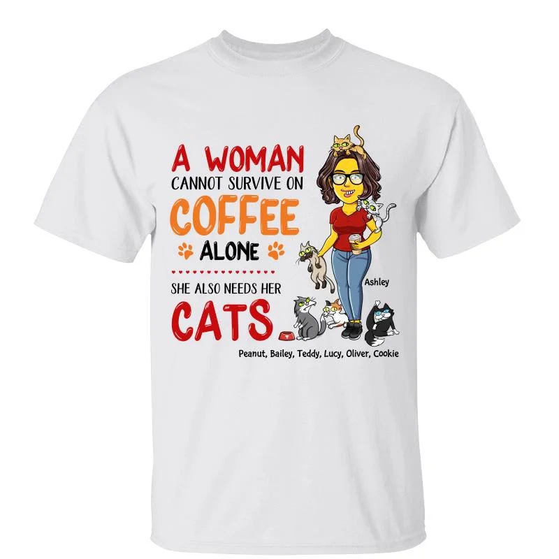 Women's Solid Color T-Shirts-Cannot Survive On Coffee Alone Yellow Cat Mom Personalized Shirt