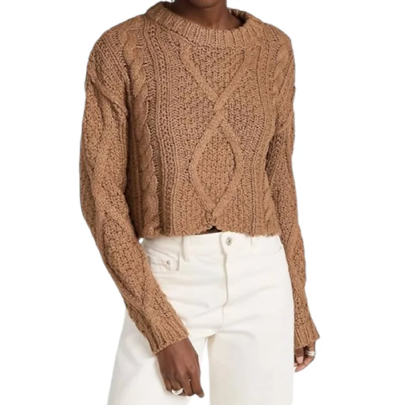 Women's Button-Front Ruffle Pullovers-Cutting Edge Cable Sweater In Camel Brown