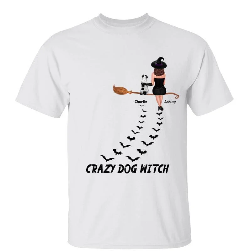 Women's Boyfriend T-Shirts-Dog Witch On Broom Halloween Personalized Shirt