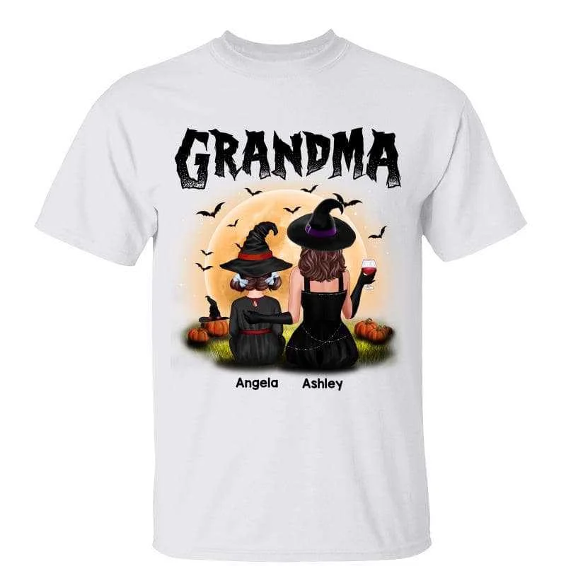 Women's Spring T-Shirts-Halloween Grandma Mom Witch & Grandkid Back View Personalized Shirt