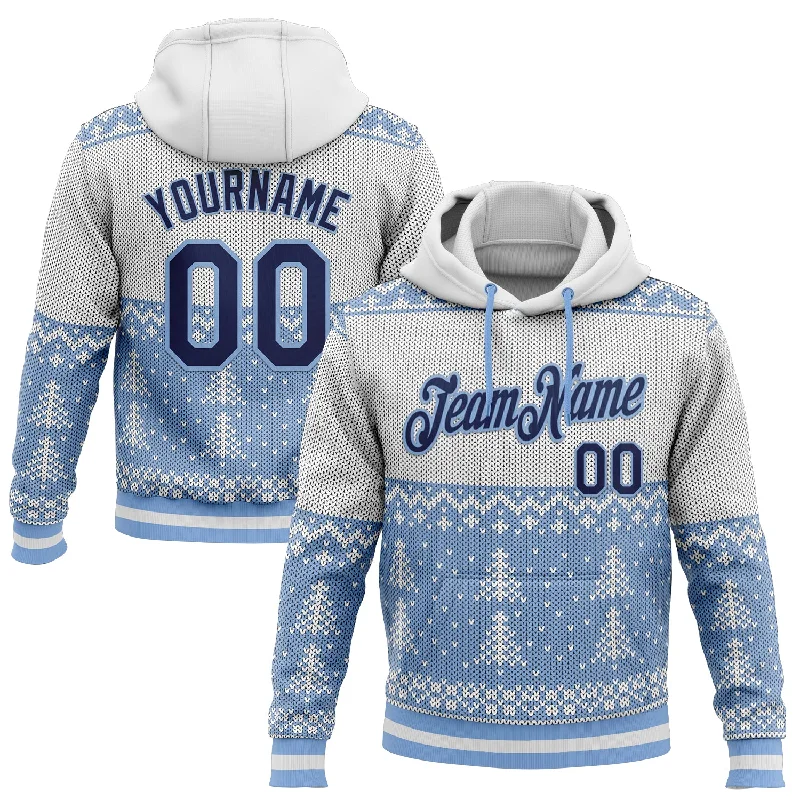 Women's Casual Hoodies-Custom Stitched White Navy-Light Blue 3D Christmas Sports Pullover Sweatshirt Hoodie