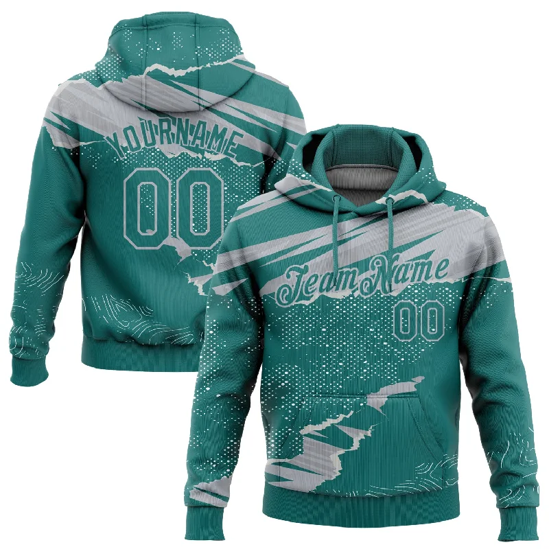 Women's Embroidered Hoodies-Custom Stitched Teal Gray 3D Pattern Design Torn Paper Style Sports Pullover Sweatshirt Hoodie