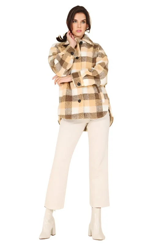 Women's Belted Jackets-Plaid sherpa jacket with pockets