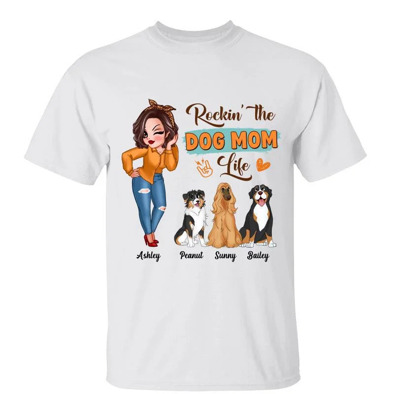 Women's Earth Tone T-Shirts-Rockin‘ The Dog Mom Life Pretty Woman & Cute Sitting Dog Personalized Shirt