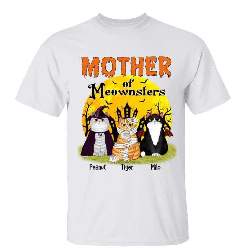 Women's Chain Detail T-Shirts-Mother Of Meownsters Fluffy Cats Halloween Yellow Moon Personalize Shirt