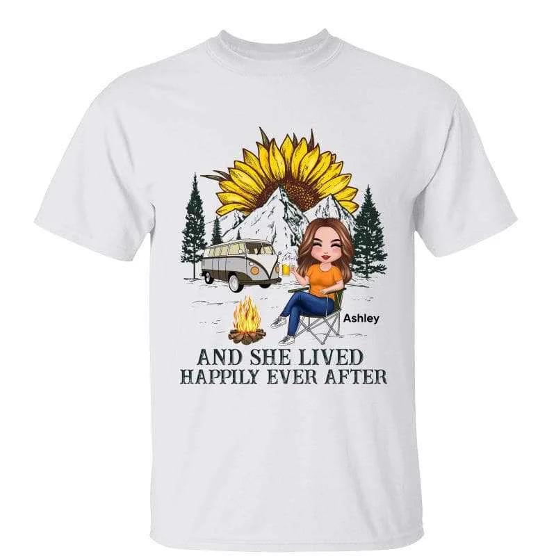 Women's Mock Neck T-Shirts-Camping Woman Sunflower And She Lived Happily Ever After Personalized Shirt