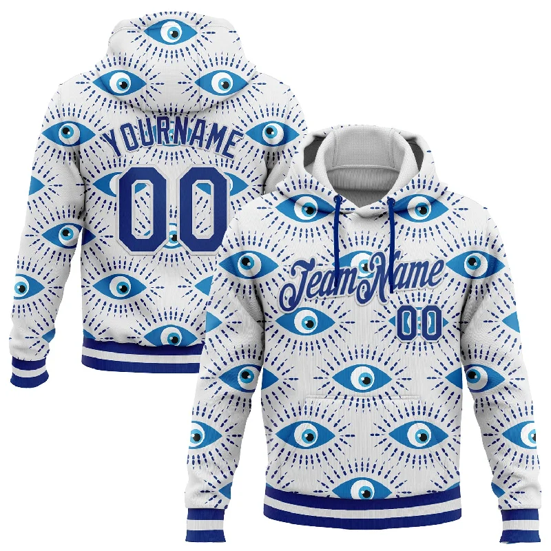 Women's Earth Tone Hoodies-Custom Stitched White Royal 3D Pattern Design Evil Eyes Sports Pullover Sweatshirt Hoodie