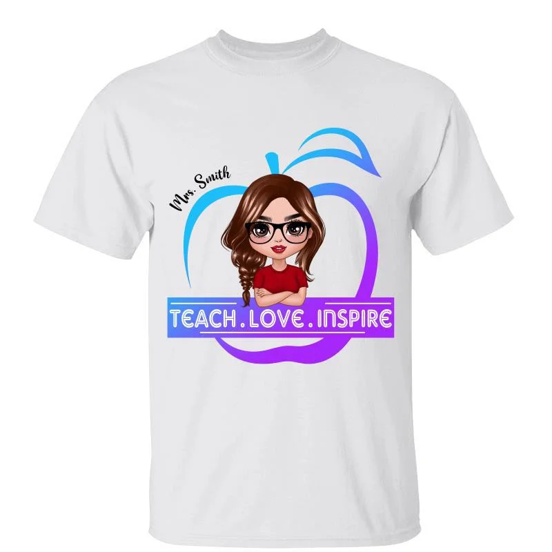 Women's Glitter T-Shirts-Doll Teacher Teach Love Inspire Personalized Shirt