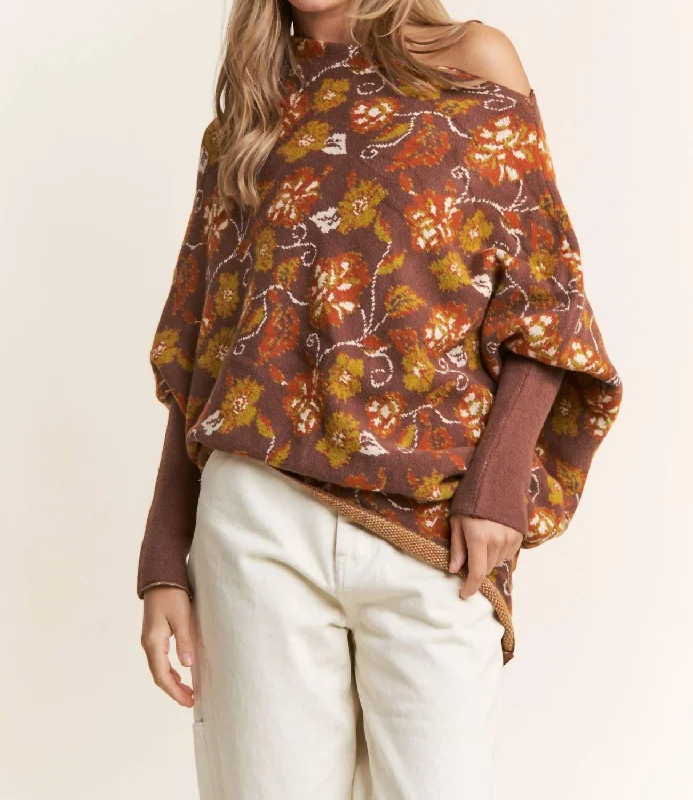 Women's Geometric Pullovers-Candance Floral Asymmetrical Long Sleeve Knit Poncho In Mars Brown