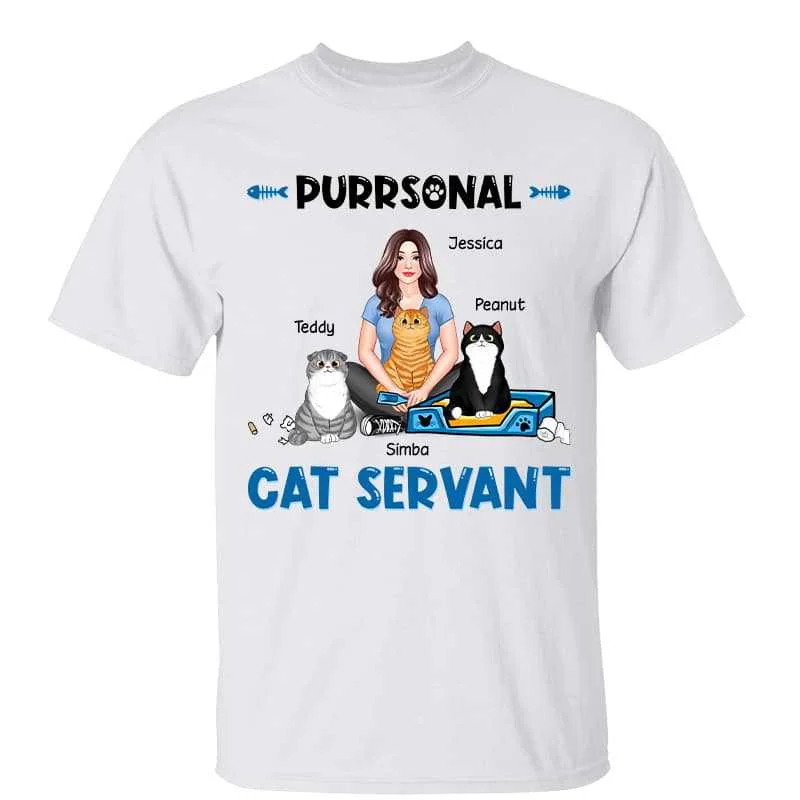 Women's Boyfriend T-Shirts-Purrsonal Cat Servant Real Cat Mom Gift Personalized Shirt