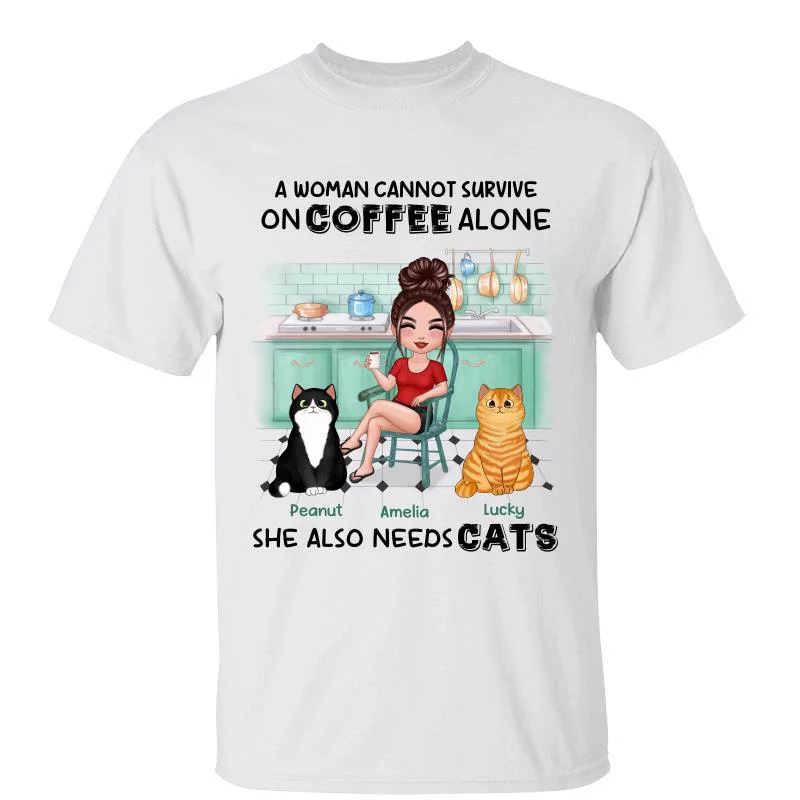 Women's Gradient T-Shirts-Woman Survive On Coffee And Cats Kitchen Personalized Shirt