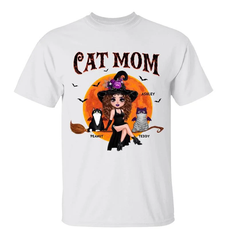 Women's Shirred T-Shirts-Doll Witch Sitting With Cats On Broom Red Moon Personalized Shirt