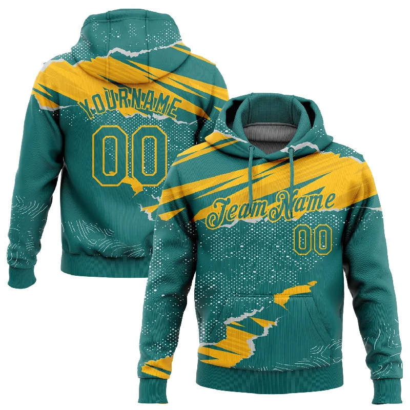 Women's Essential Hoodies-Custom Stitched Teal Gold 3D Pattern Design Torn Paper Style Sports Pullover Sweatshirt Hoodie