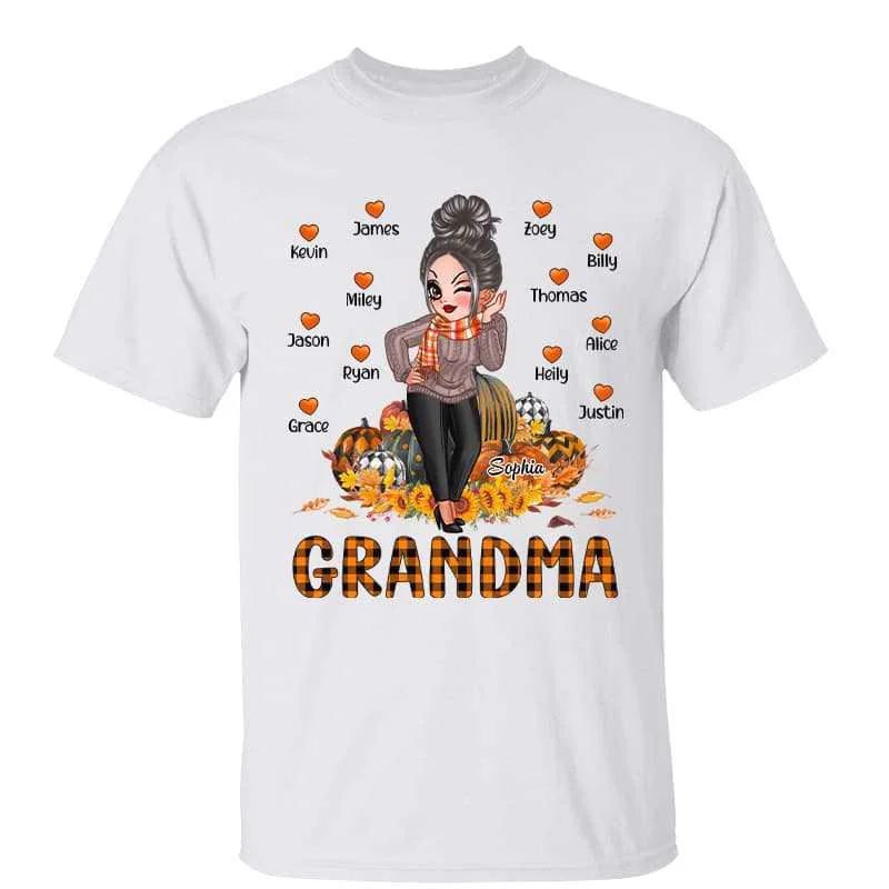 Women's Fleece T-Shirts-Fall Season Grandma Pumpkin Personalized Shirt