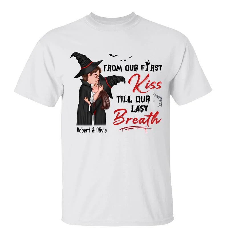 Women's Distressed T-Shirts-Doll Couple Kissing From Our First Kiss Till Our Last Breath Halloween Personalized Shirt