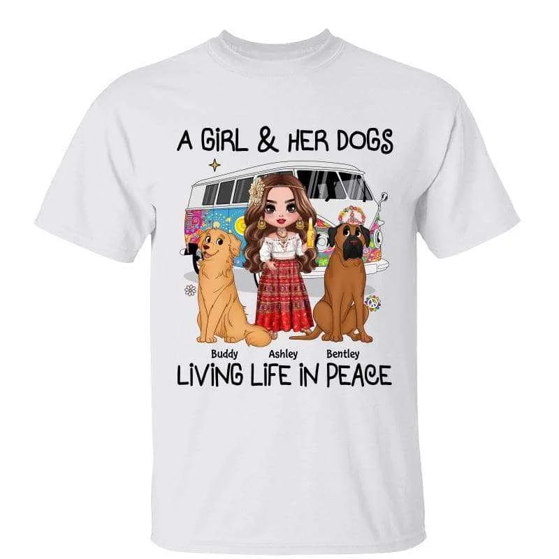 Women's Boxy Fit T-Shirts-Hippie Girl & Cute Sitting Dog Living Life In Peace Personalized Shirt