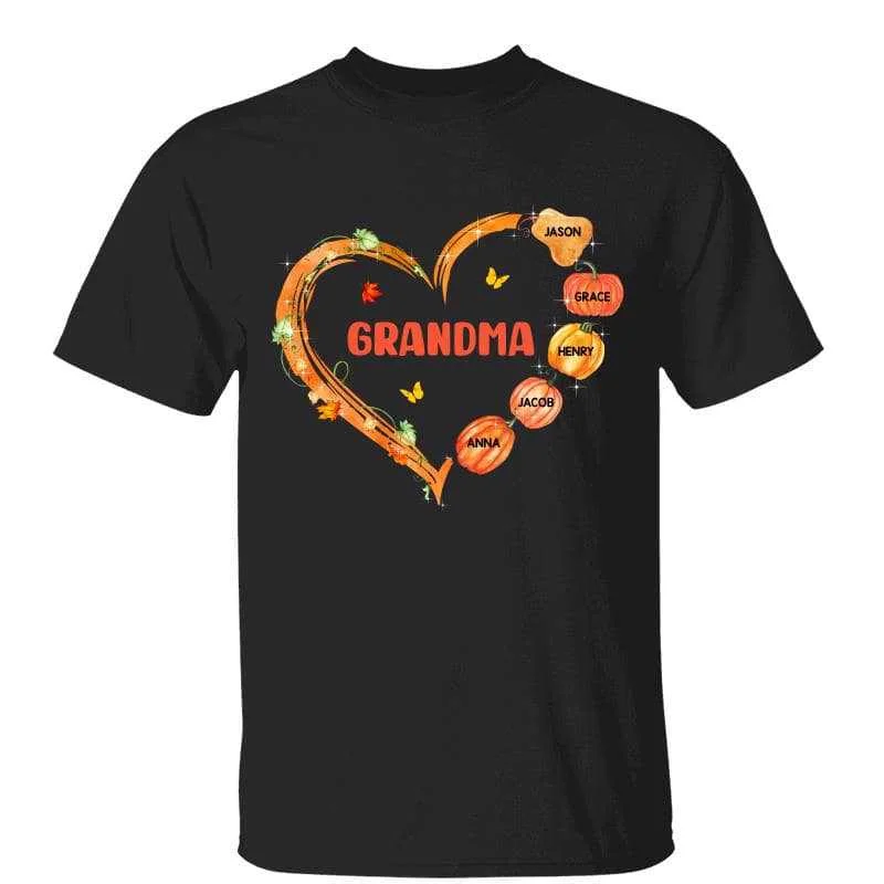 Women's Feather Detail T-Shirts-Grandma‘s Little Pumpkins Heart Personalized Shirt