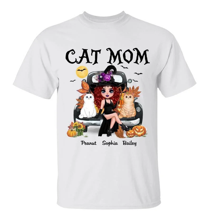 Women's Short Sleeve T-Shirts-Doll Cat Mom Witch Sitting On Halloween Truck Personalized Shirt