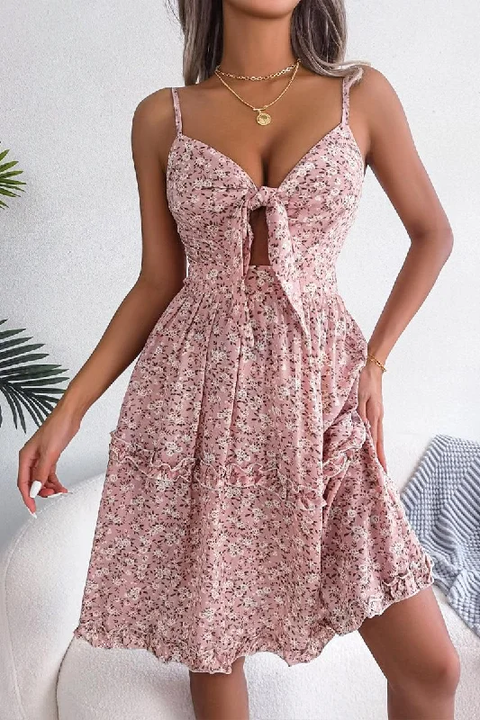 WOMEN FLORAL BOW V NECK SEXY DRESS