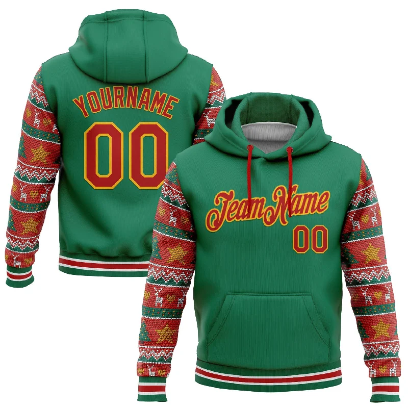 Women's Boxy Fit Hoodies-Custom Stitched Kelly Green Red-Gold 3D Christmas Sports Pullover Sweatshirt Hoodie