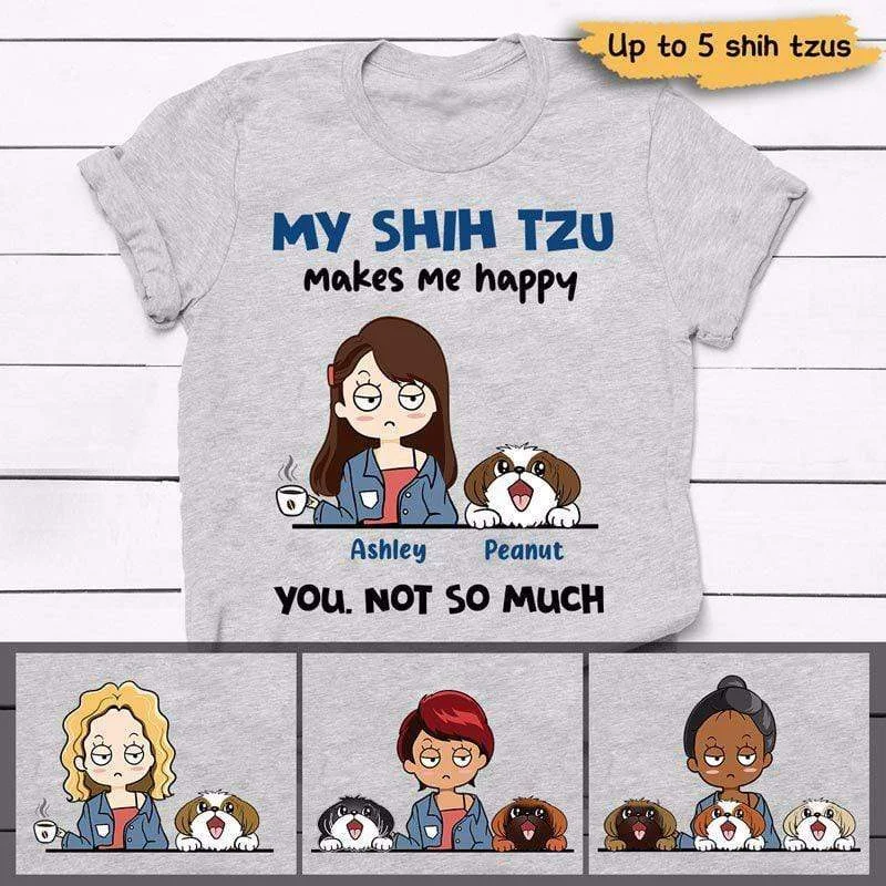 Women's Long Sleeve T-Shirts-Shih Tzu Make Me Happy Chibi Dogs Personalized Shirt