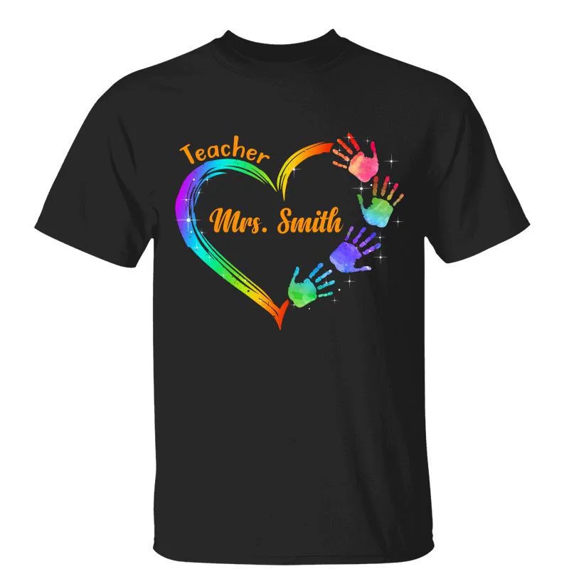 Women's Spring T-Shirts-Teacher Heart Hand Prints Colorful Patterns Personalized Shirt