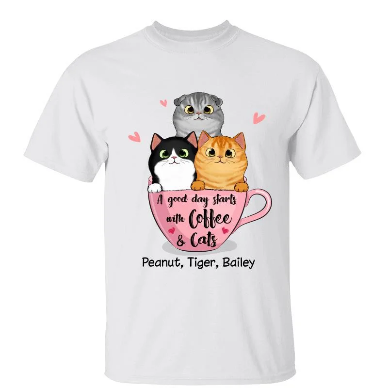 Women's Bow Detail T-Shirts-A Good Day Starts With Coffee And Cats Personalized Shirt