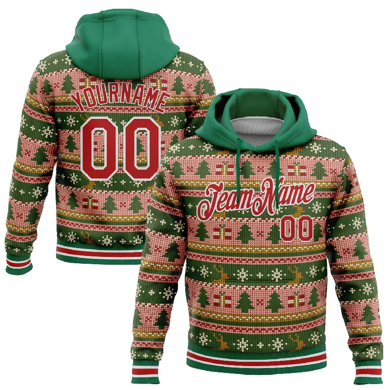 Women's Cinched Waist Hoodies-Custom Stitched Kelly Green Red-White 3D Christmas Sports Pullover Sweatshirt Hoodie