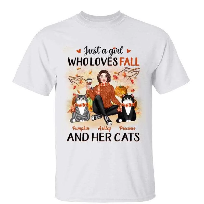 Women's Boat Neck T-Shirts-Pretty Woman Just A Girl Who Loves Fall And Cats Personalized Shirt