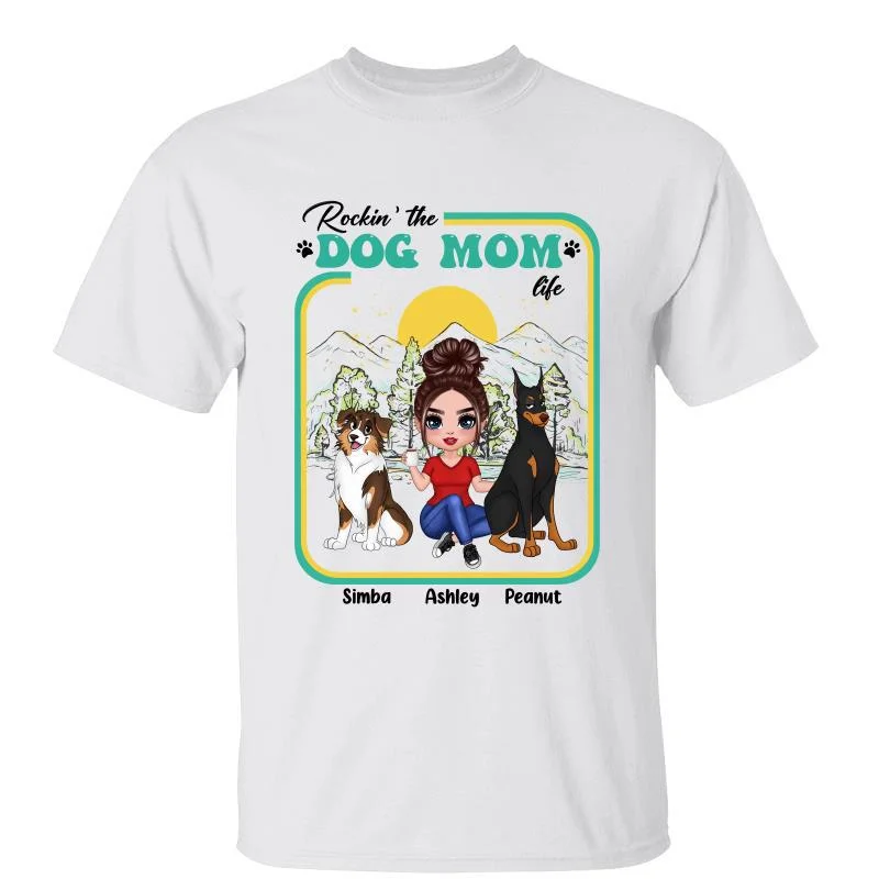 Women's Peplum Hem T-Shirts-Dog Mom Frame Doll Girl & Cute Sitting Dog Personalized Shirt