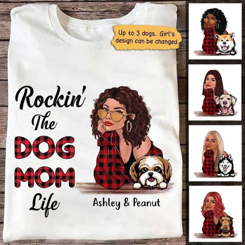 Women's Flutter Sleeve T-Shirts-Dog Mom Red Pattern Fashion Girl Personalized Shirt