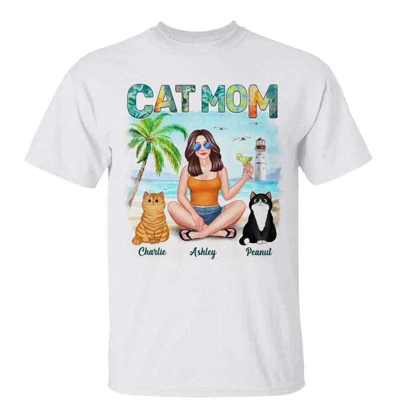 Women's Faux Suede T-Shirts-Pretty Woman Cat Mom Summer Beach Personalized Shirt