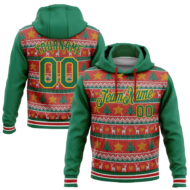 Women's Burnout Hoodies-Custom Stitched Red Kelly Green-Gold 3D Christmas Sports Pullover Sweatshirt Hoodie