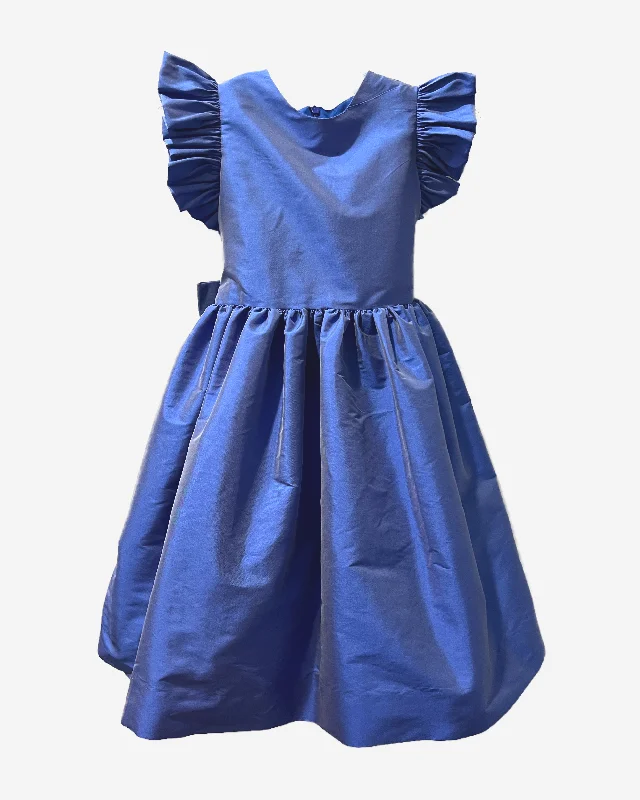 Medium blue faux silk flutter sleeve dress