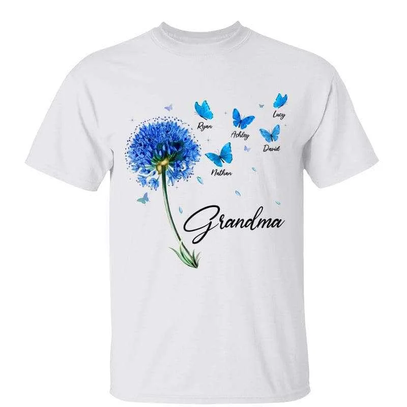 Women's Christmas T-Shirts-Grandma Blue Dandelion Butterflies Personalized Shirt