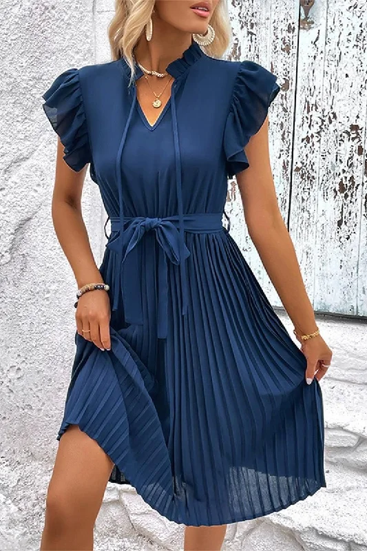 WOMEN RUFFLED HIGH NECK PLEATED KNEE LENGTH DRESS